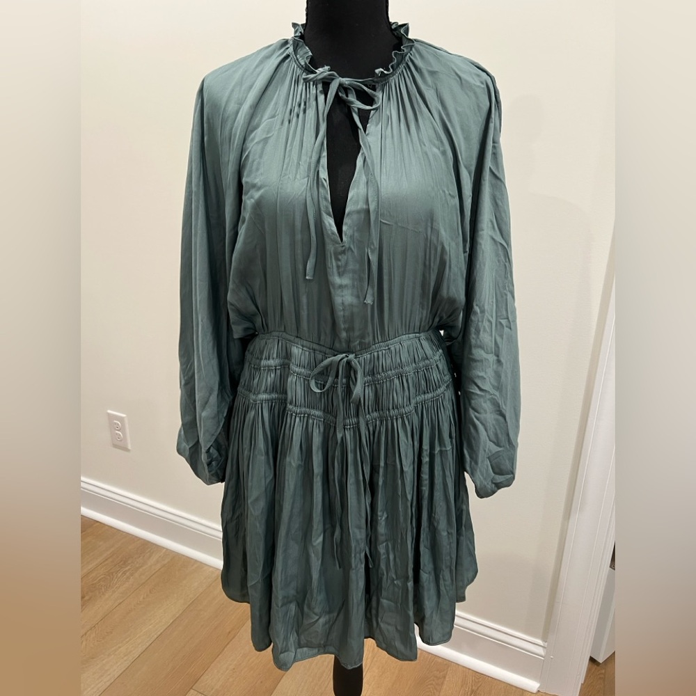 Mustard Seed - Satin Feel - Sea Green Ruffled Flowy Boho Dress Size Medium